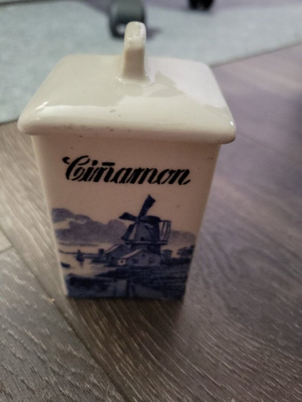 Minerva Porcelain Herb Canister CINNAMON  Blue White Windmill 4.5x2 Vtg Germany